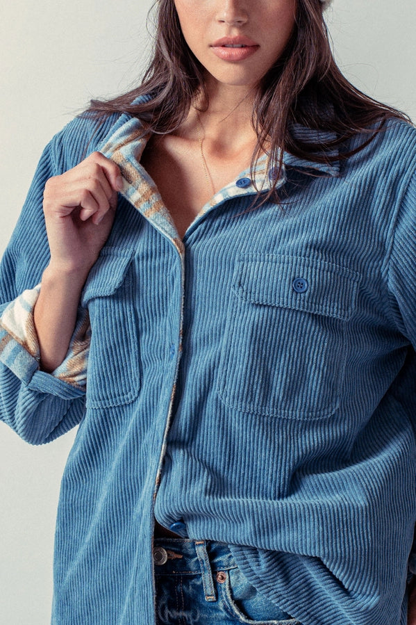 Plaid Flannel Lined Corduroy Shacket