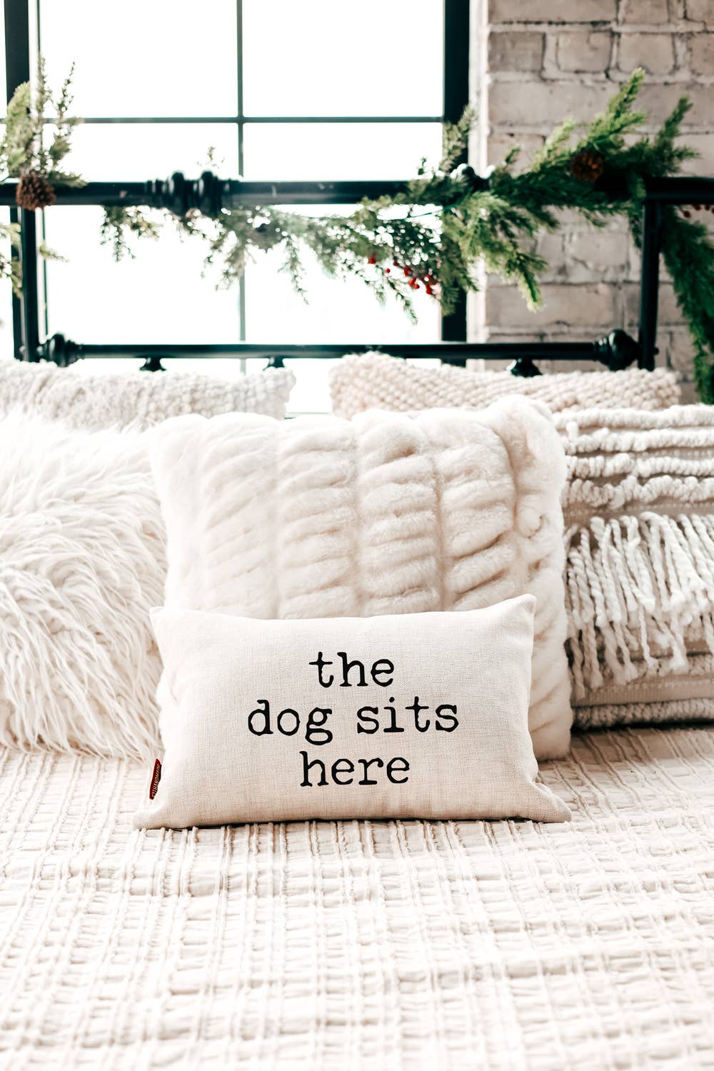 The Dog Sits Here Pillow: 12x18 WITH Faux Down Pillow Insert